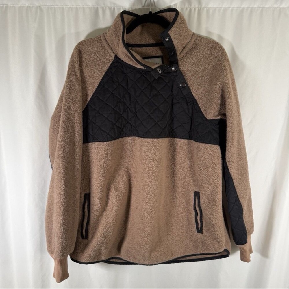Abercrombie Fitch Sweater Women's Large Brown Black Snap Neck Fleece Mock Neck